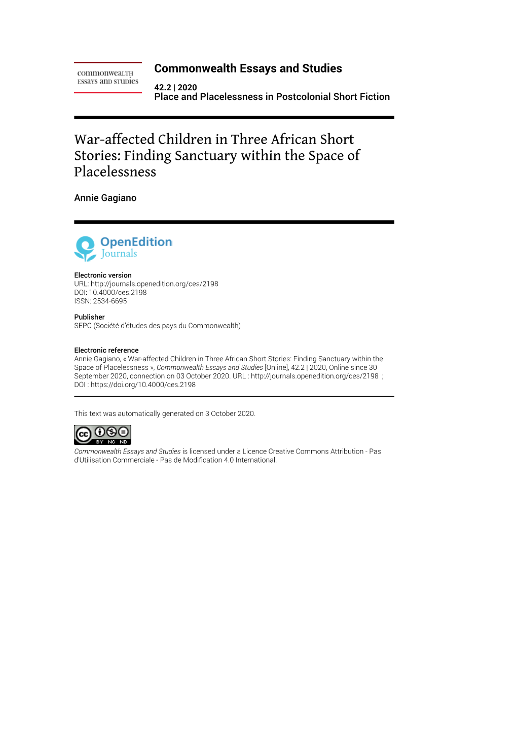 Commonwealth Essays and Studies, 42.2 | 2020 War-Affected Children in Three African Short Stories: Finding Sanctuary Withi