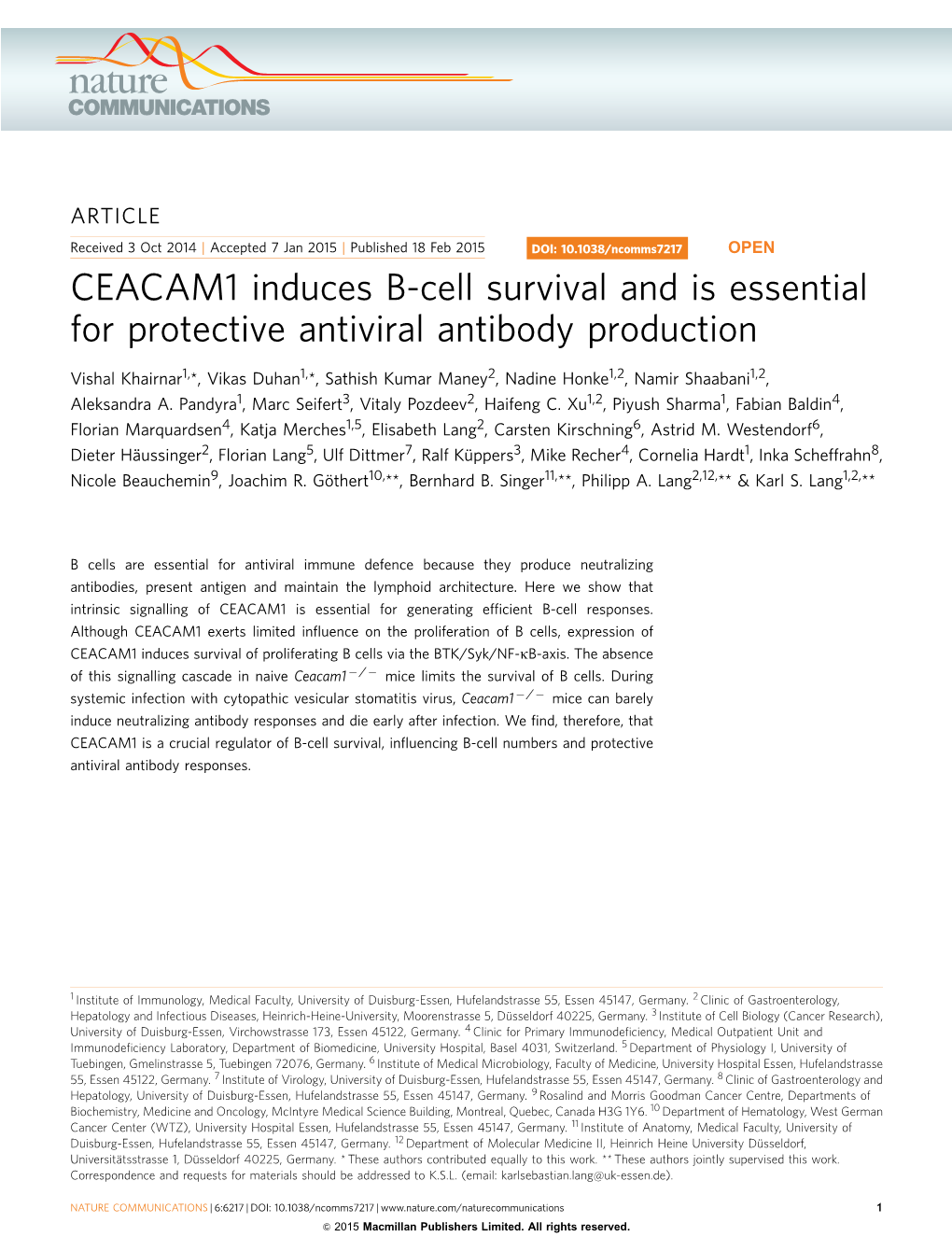 CEACAM1 Induces B-Cell Survival and Is Essential for Protective Antiviral Antibody Production