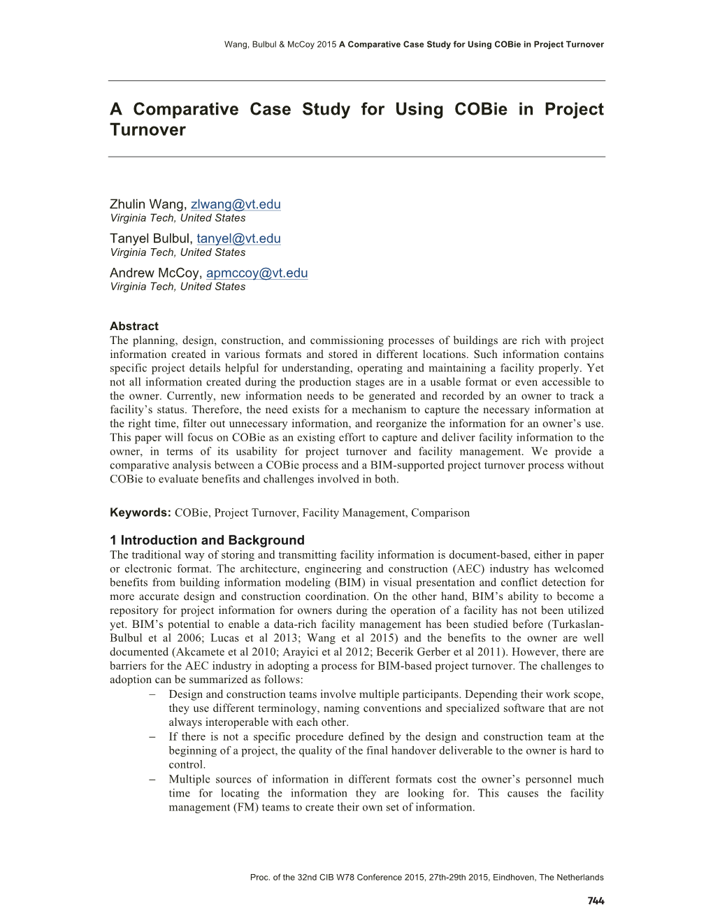 A Comparative Case Study for Using Cobie in Project Turnover