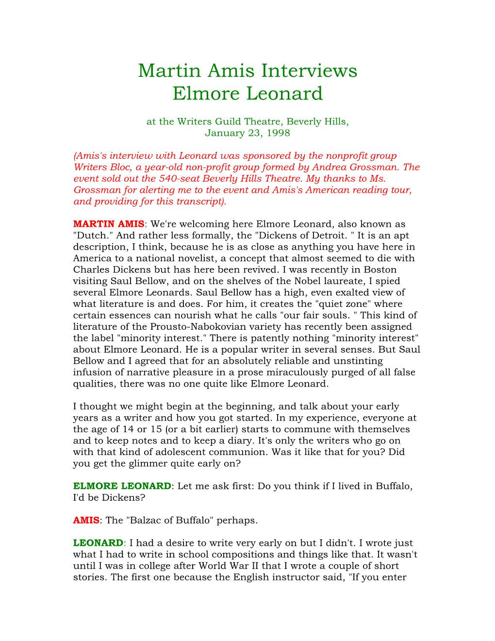 Martin Amis Interviews Elmore Leonard