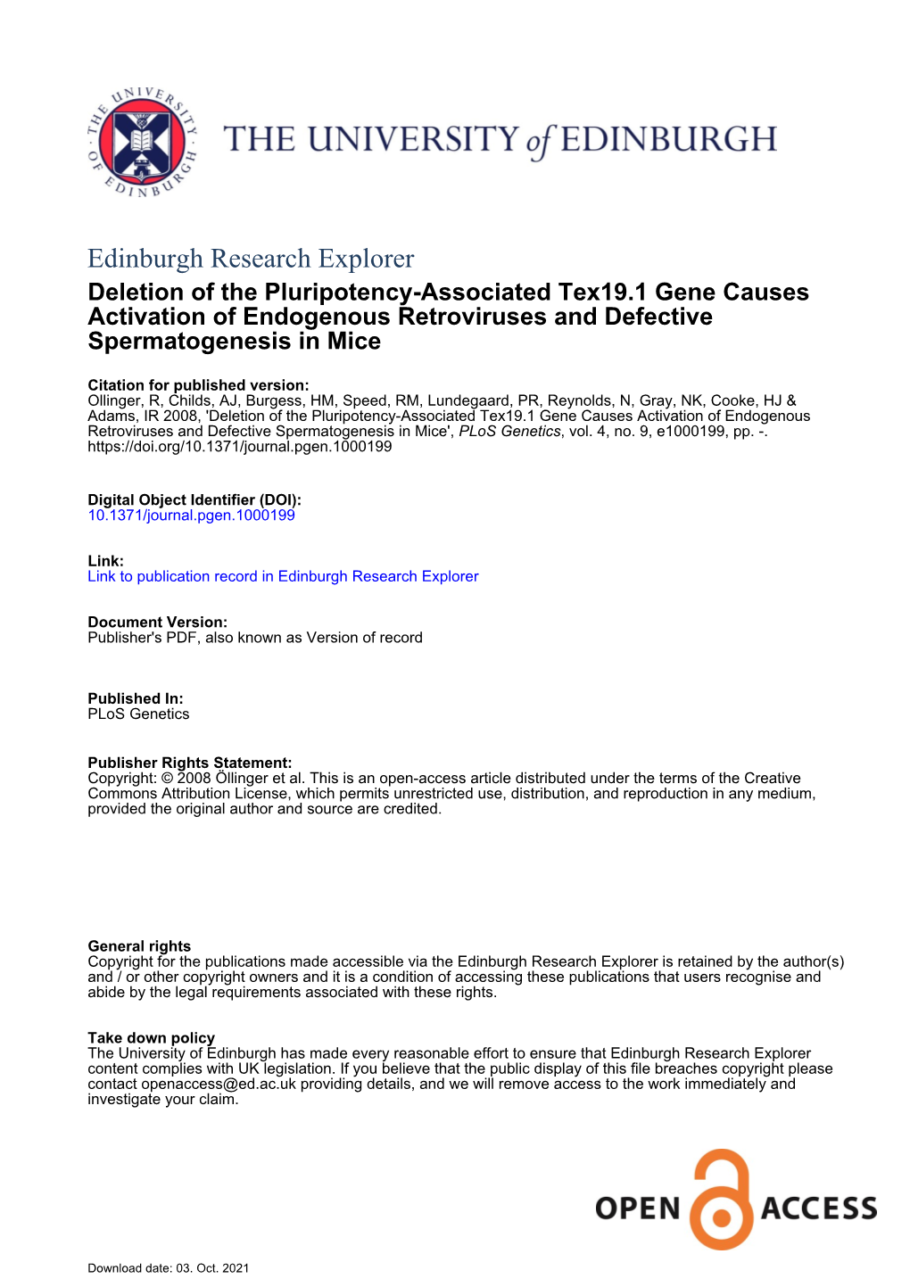 Edinburgh Research Explorer Deletion of the Pluripotency-Associated Tex19.1 Gene Causes Activation of Endogenous Retroviruses and Defective