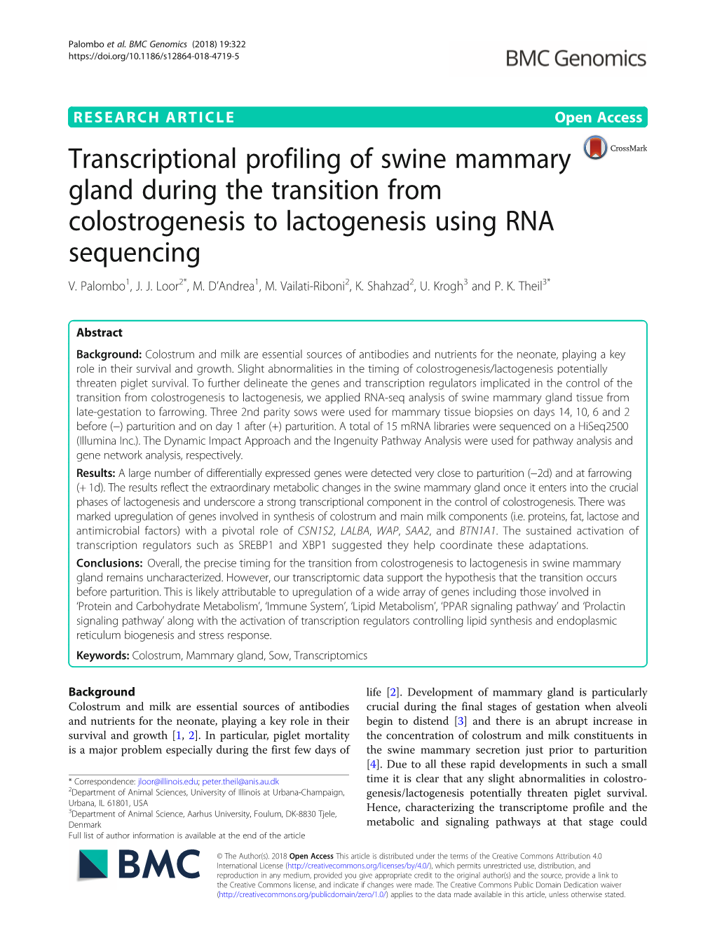 Transcriptional Profiling of Swine Mammary Gland During the Transition from Colostrogenesis to Lactogenesis Using RNA Sequencing V