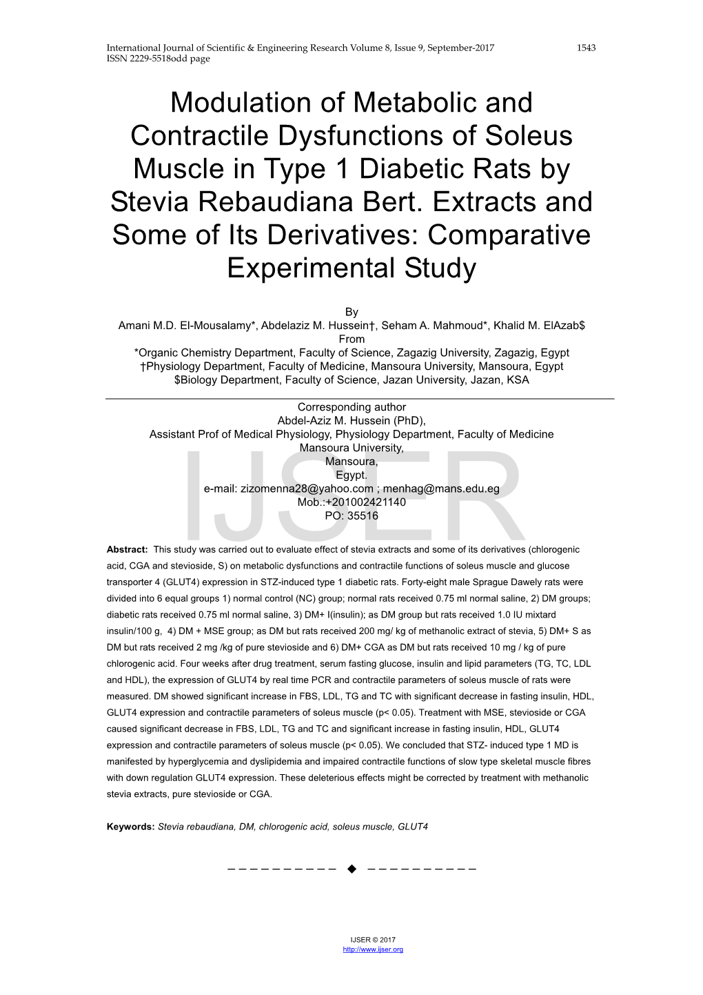 Modulation of Metabolic and Contractile Dysfunctions of Soleus Muscle in Type 1 Diabetic Rats by Stevia Rebaudiana Bert. Extract