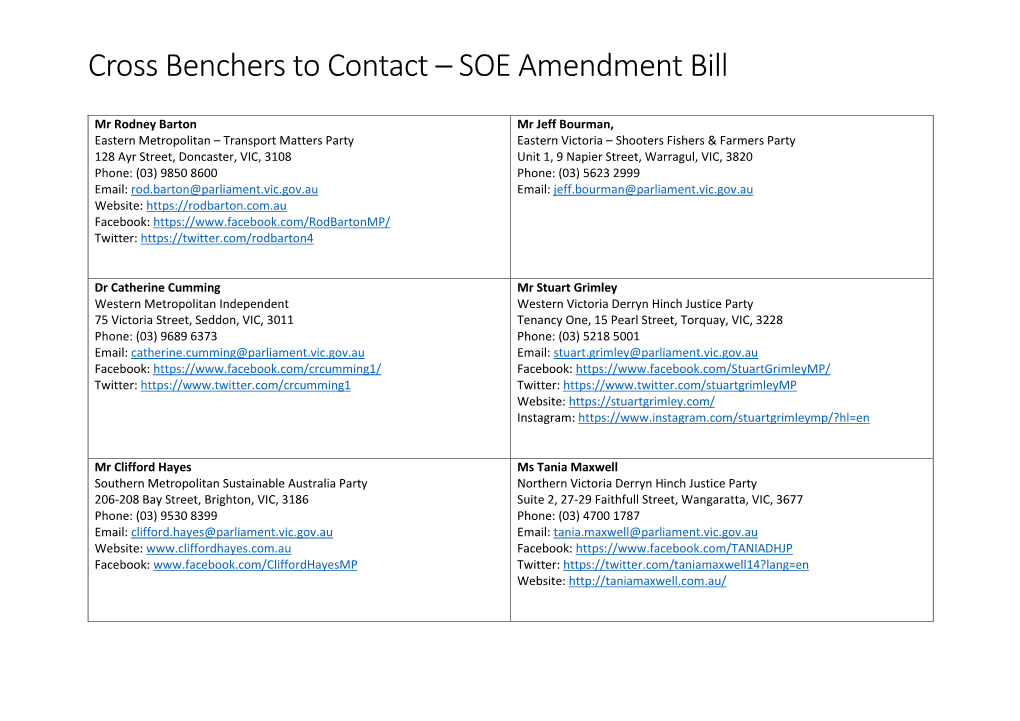 Cross Benchers to Contact – SOE Amendment Bill
