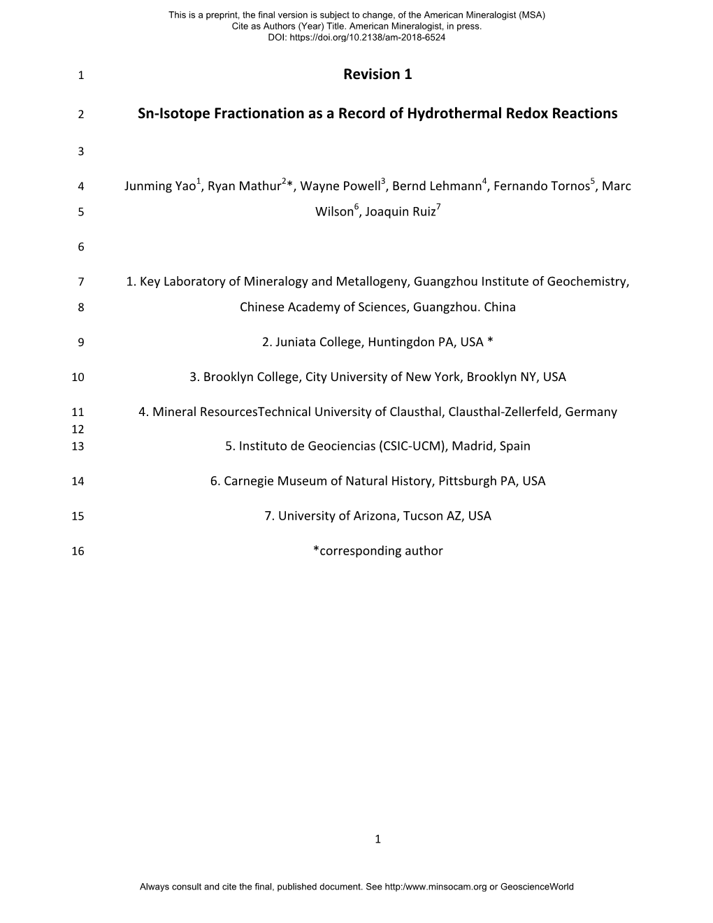 Revision 1 Sn-Isotope Fractionation As a Record of Hydrothermal Redox