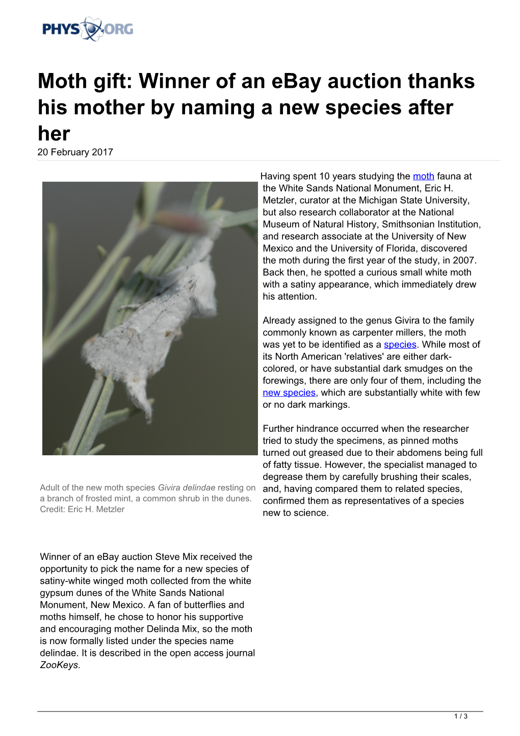 Moth Gift: Winner of an Ebay Auction Thanks His Mother by Naming a New Species After Her 20 February 2017