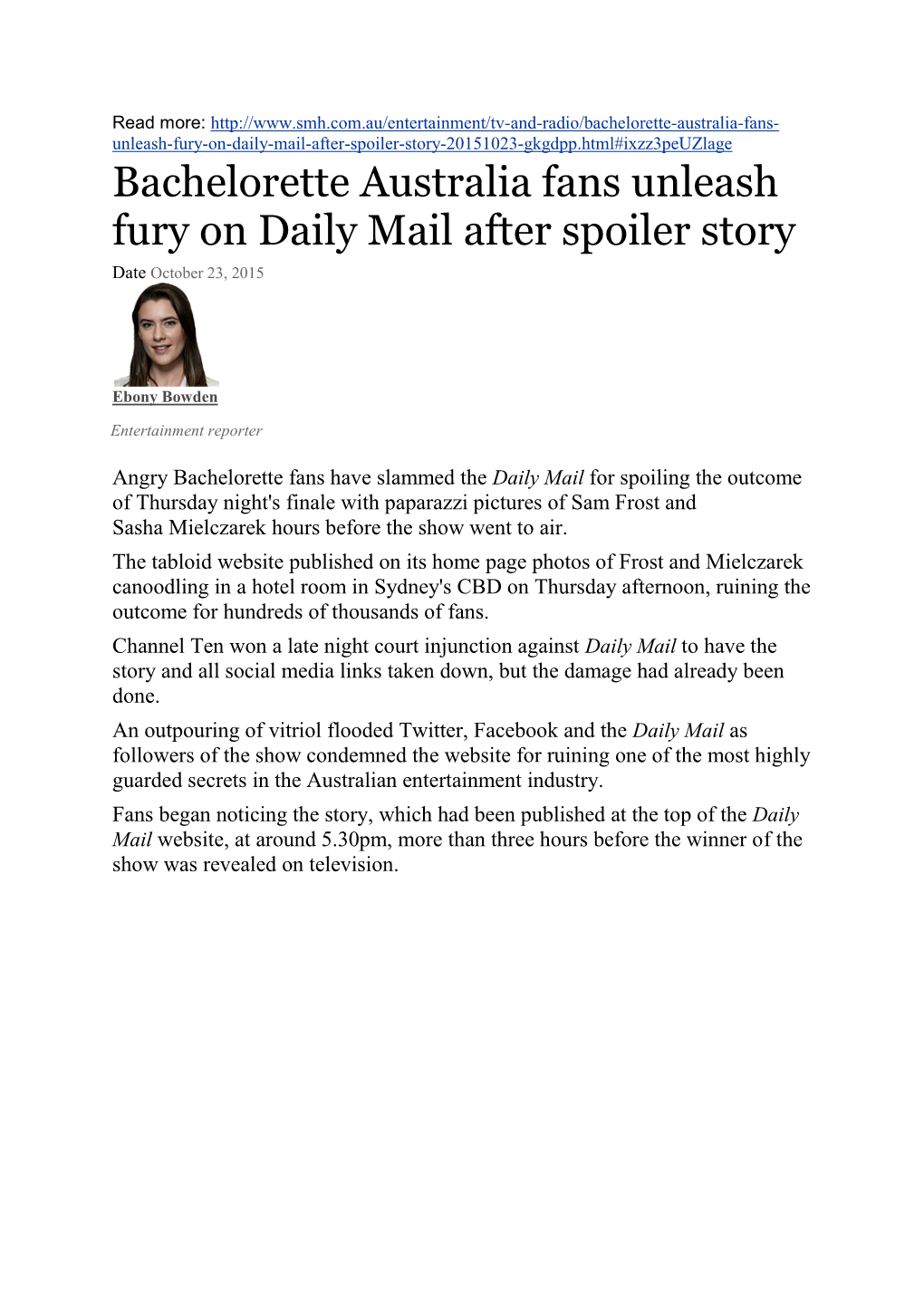 Bachelorette Australia Fans Unleash Fury on Daily Mail After Spoiler Story Date October 23, 2015