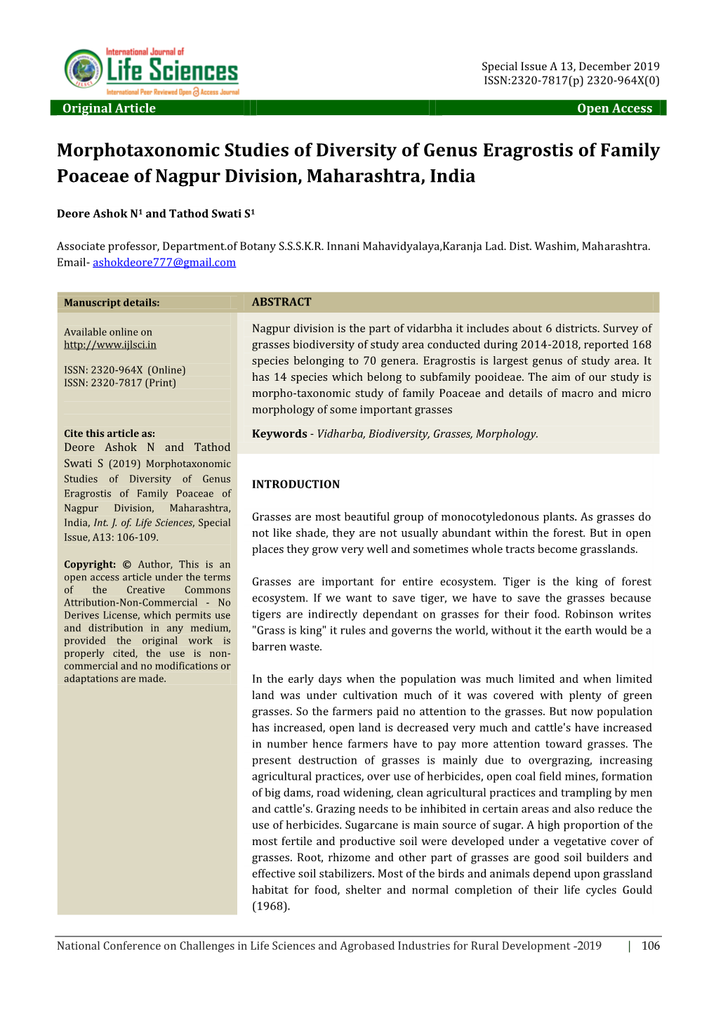 Morphotaxonomic Studies of Diversity of Genus Eragrostis of Family Poaceae of Nagpur Division, Maharashtra, India