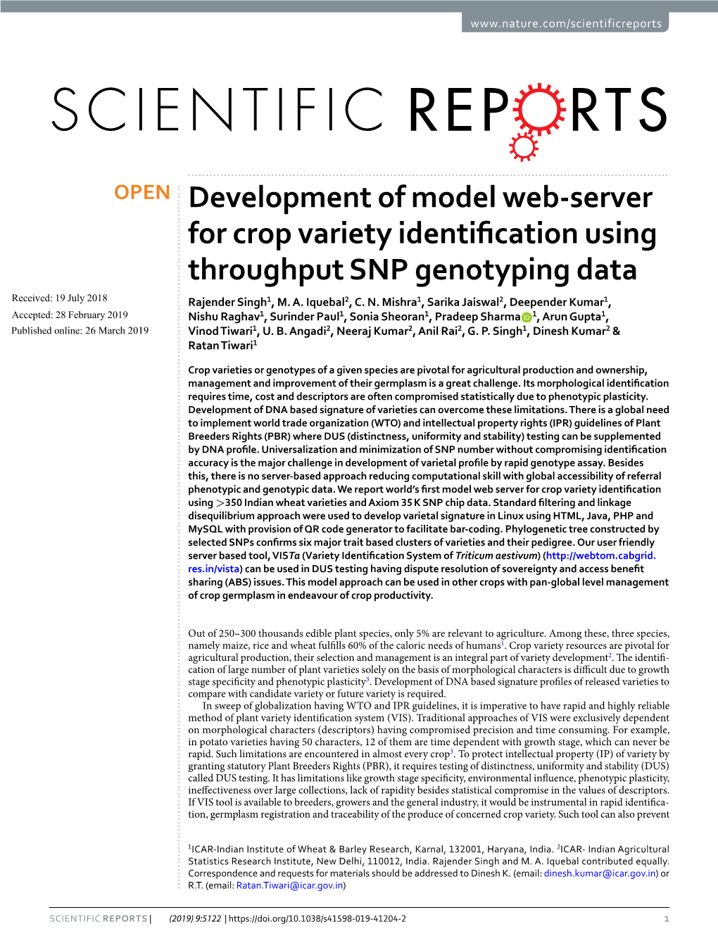 Development of Model Web-Server for Crop Variety Identification Using