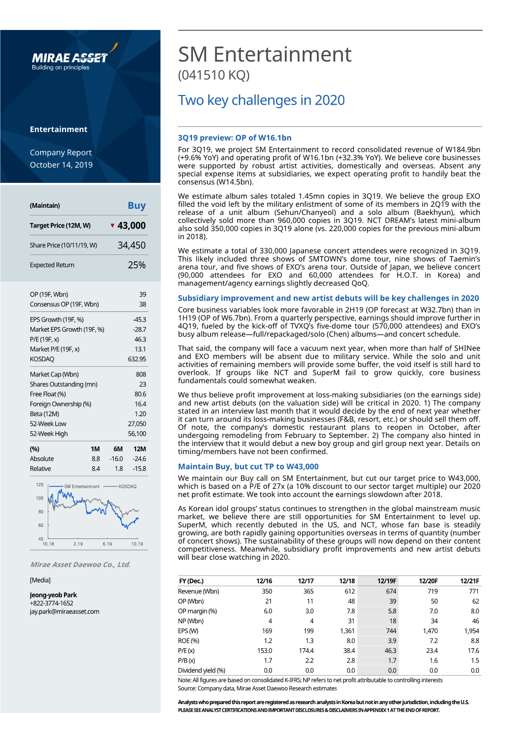 SM Entertainment (041510 KQ ) Two Key Challenges in 2020