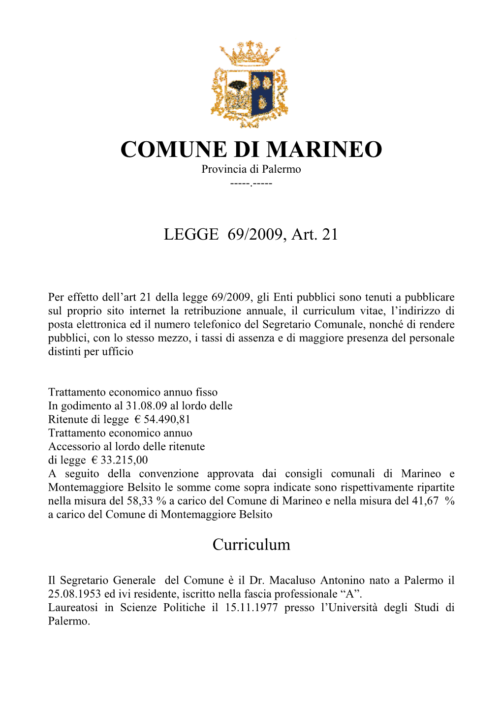 COMUNE DI MARINEO Provincia Di Palermo