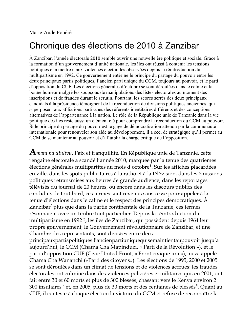 Chronique Des Élections De 2010 À Zanzibar