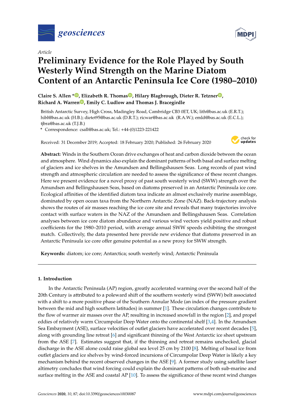 Preliminary Evidence for the Role Played by South Westerly Wind Strength on the Marine Diatom Content of an Antarctic Peninsula Ice Core (1980–2010)