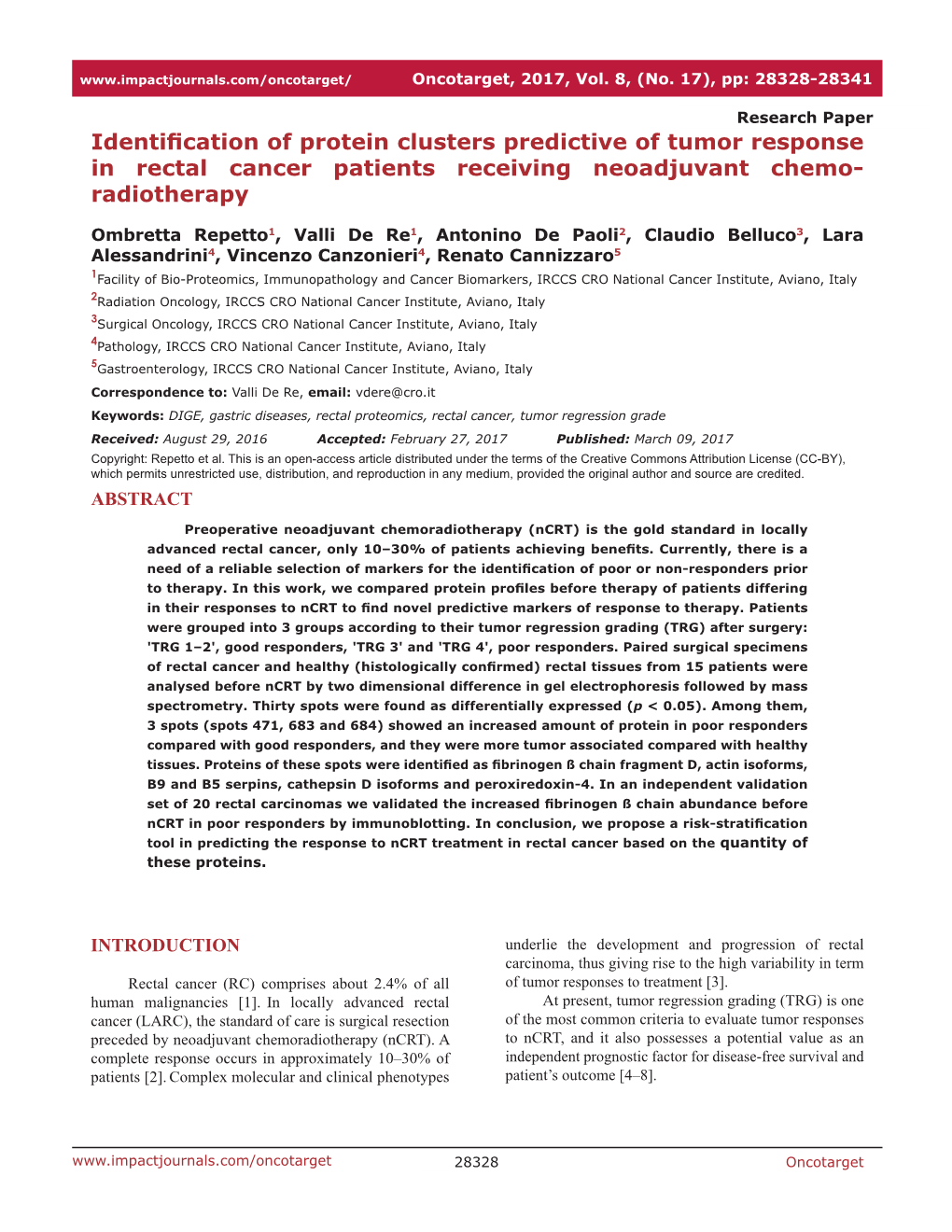 Identification of Protein Clusters Predictive of Tumor Response in Rectal Cancer Patients Receiving Neoadjuvant Chemo- Radiotherapy