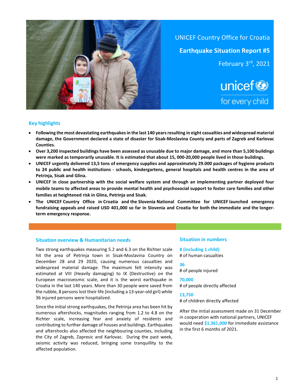 UNICEF Country Office for Croatia Earthquake Situation Report #5 February 3Rd, 2021