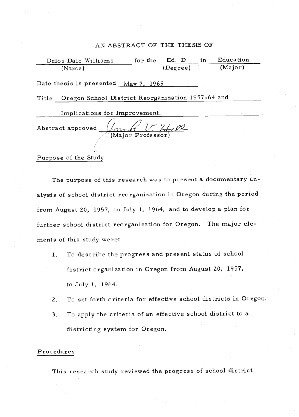 Date Thesis Is Presented May 7, 1965 Professor