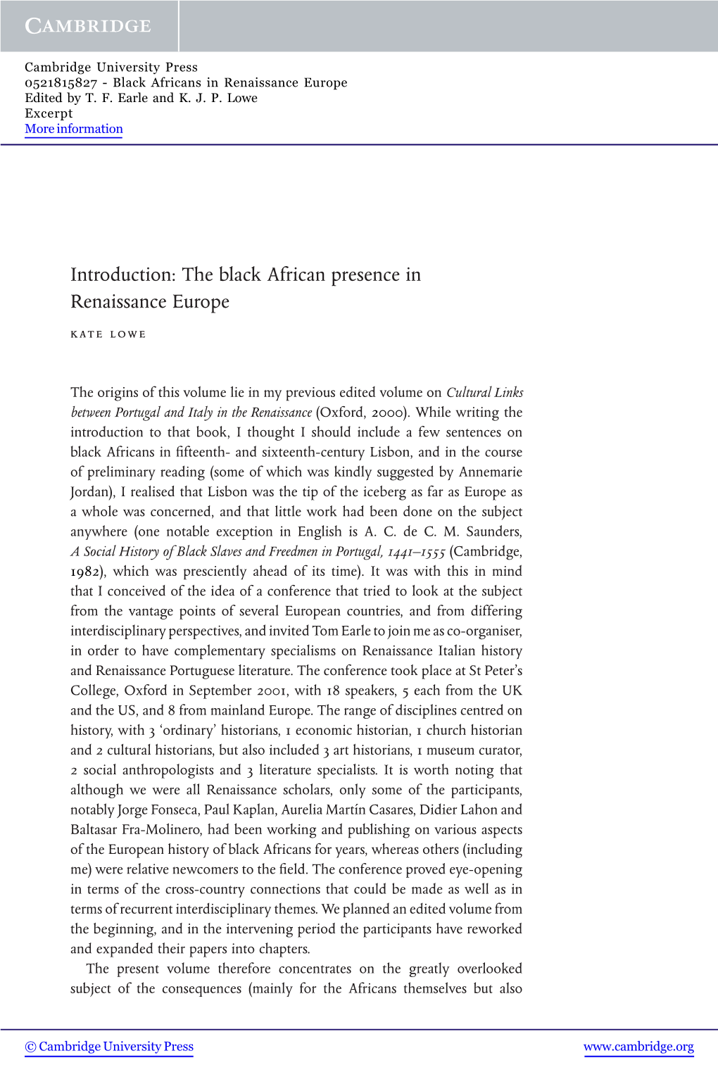The Black African Presence in Renaissance Europe Kate Lowe