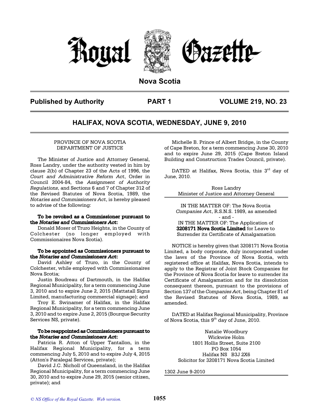 NS Royal Gazette Part I