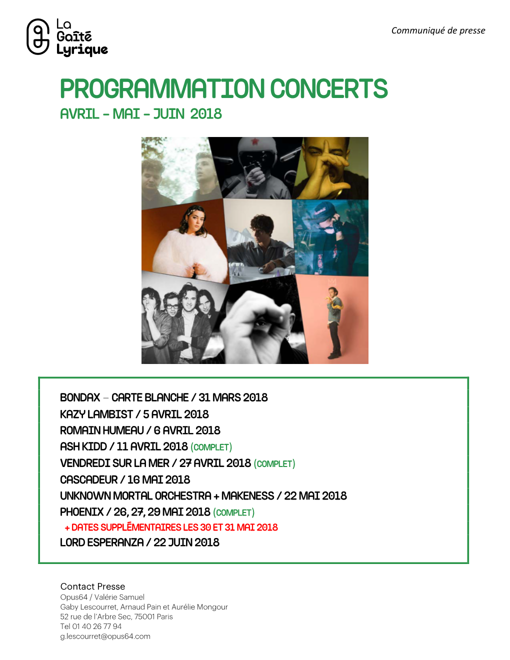 Programmation Concerts Avril - Mai - Juin 2018