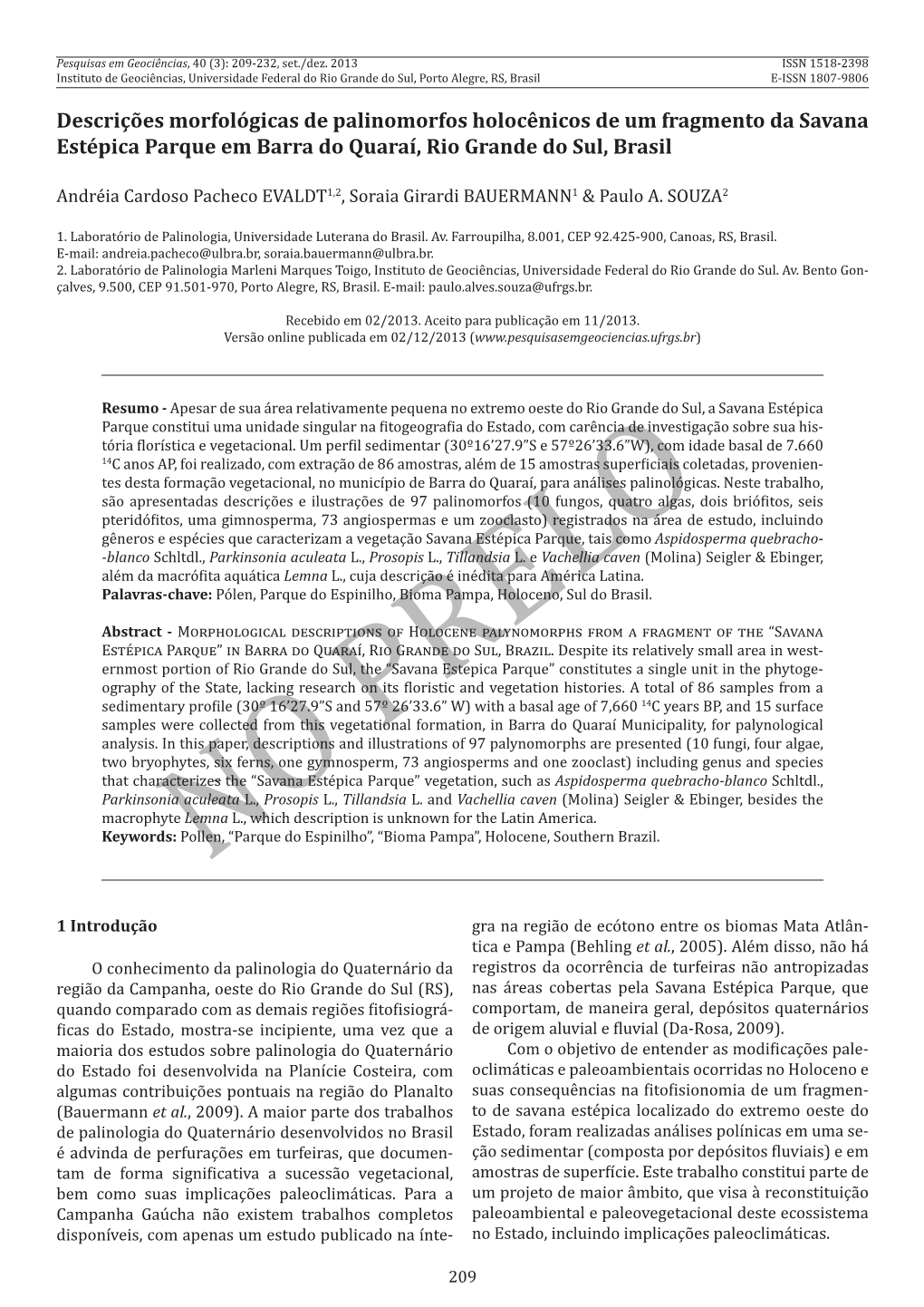 Descrições Morfológicas De Palinomorfos Holocênicos De Um Fragmento Da Savana Estépica Parque Em Barra Do Quaraí, Rio Grande Do Sul, Brasil