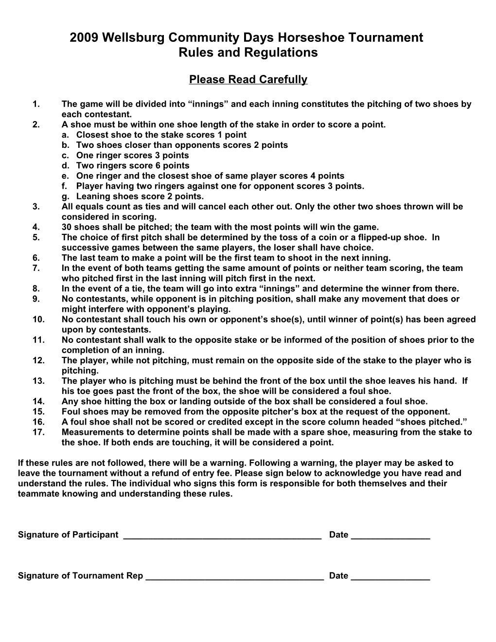 Horseshoe Tournament Rules and Regulations