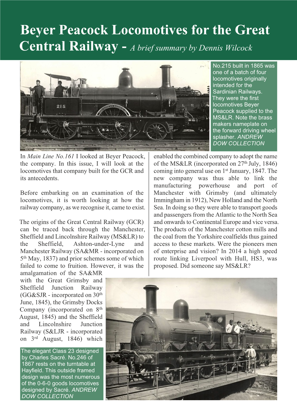 Beyer Peacock Locomotives for the Great Central Railway - a Brief Summary by Dennis Wilcock