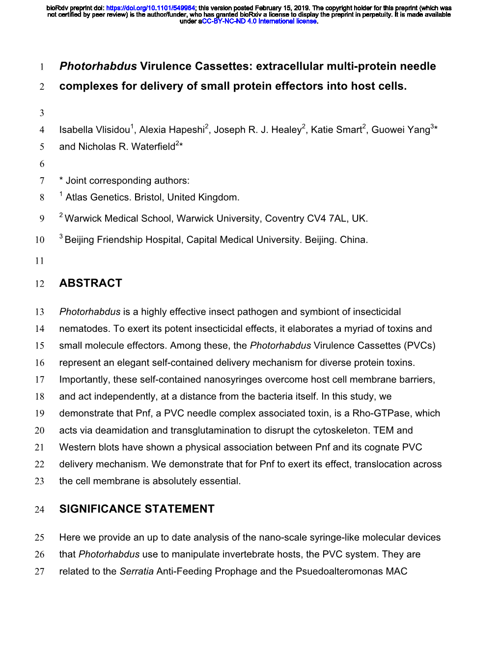 Photorhabdus Virulence Cassettes: Extracellular Multi-Protein Needle 2 Complexes for Delivery of Small Protein Effectors Into Host Cells