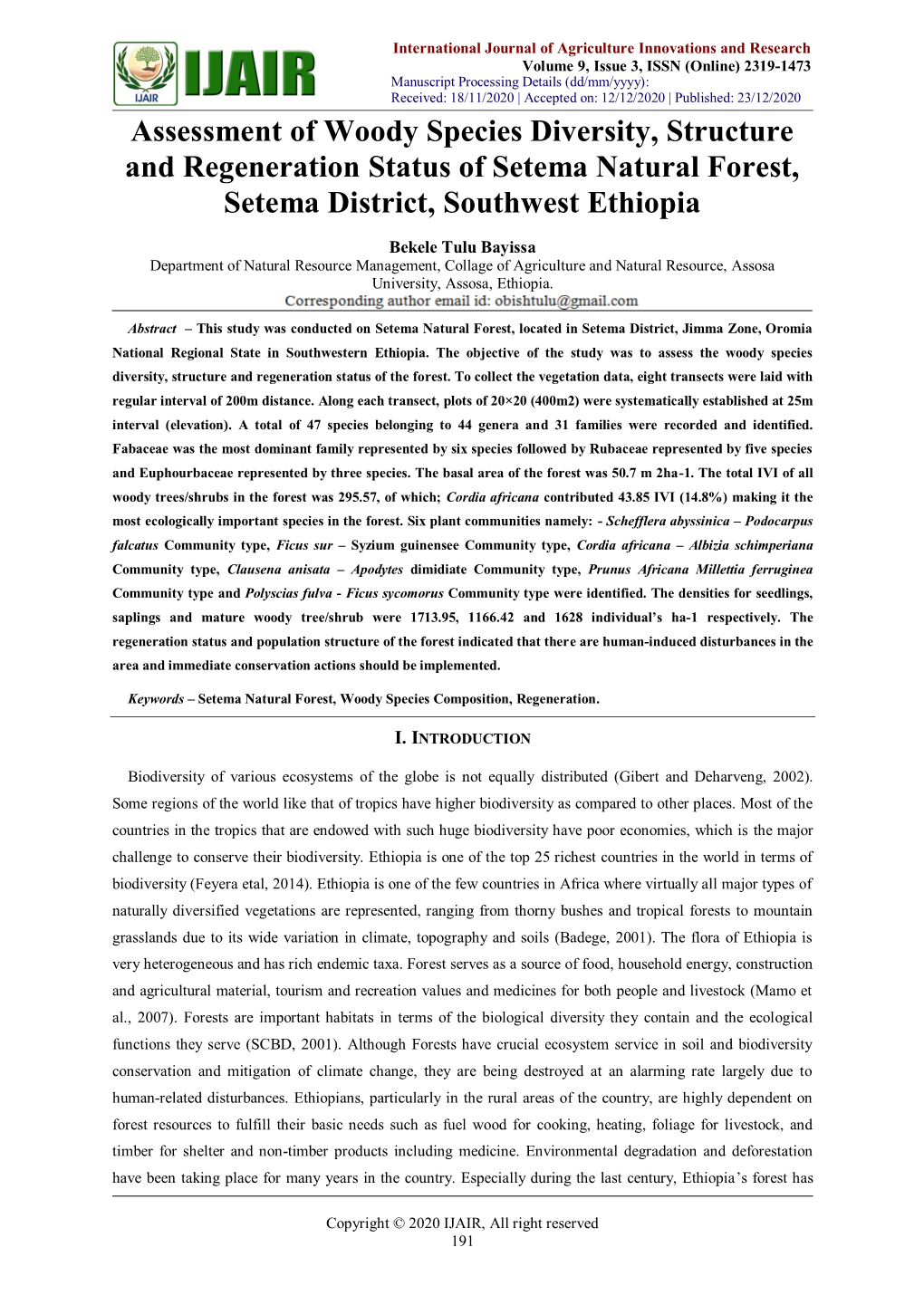 Assessment of Woody Species Diversity, Structure and Regeneration Status of Setema Natural Forest, Setema District, Southwest Ethiopia