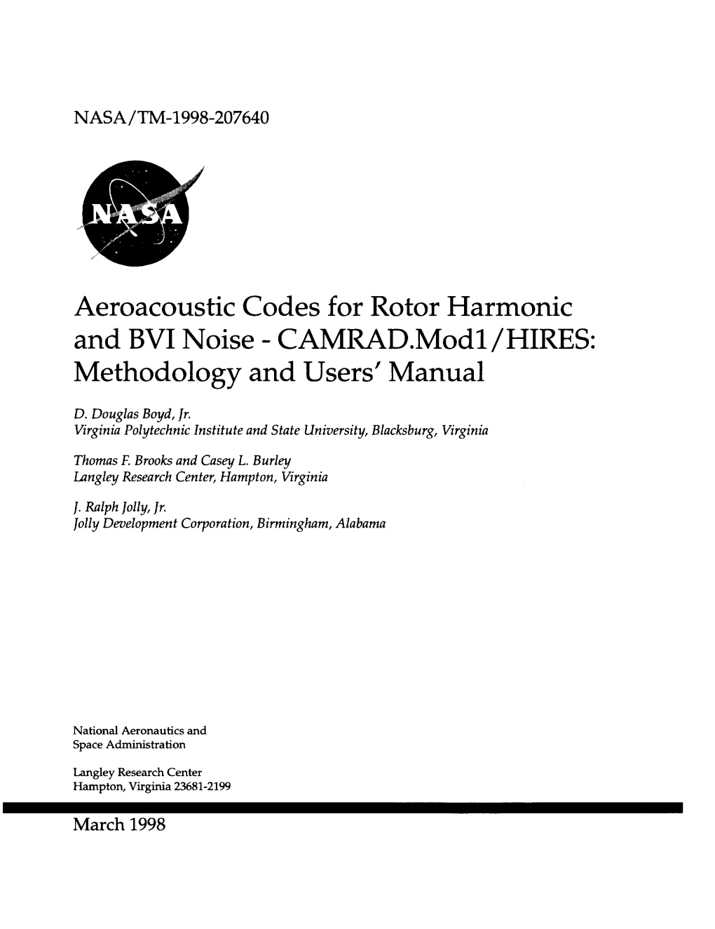 Aeroacoustic Codes for Rotor Harmonic and BVI Noise - CAMRAD.Modl/HIRES: Methodology and Users' Manual