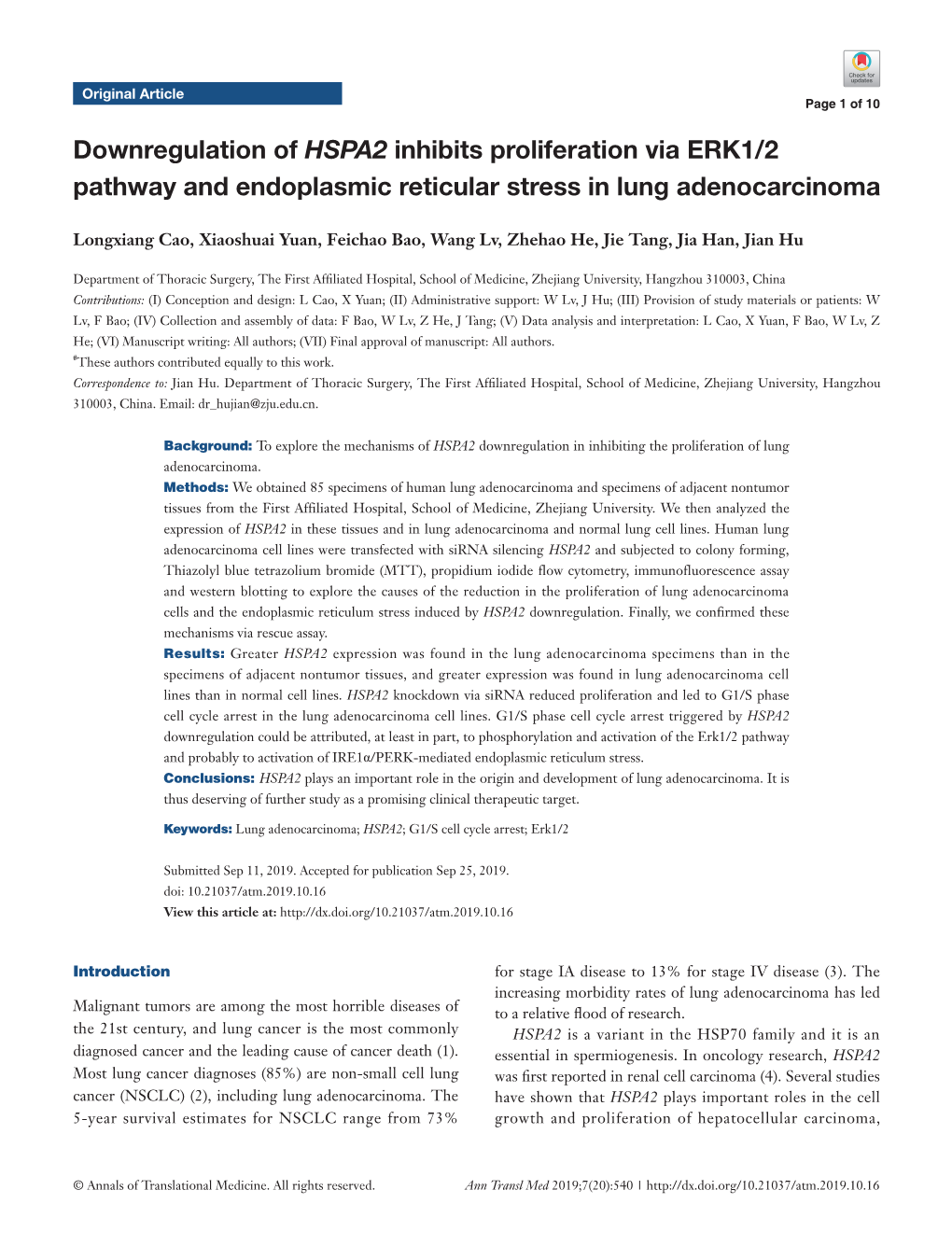 Downregulation of HSPA2 Inhibits Proliferation Via ERK1/2 Pathway and Endoplasmic Reticular Stress in Lung Adenocarcinoma