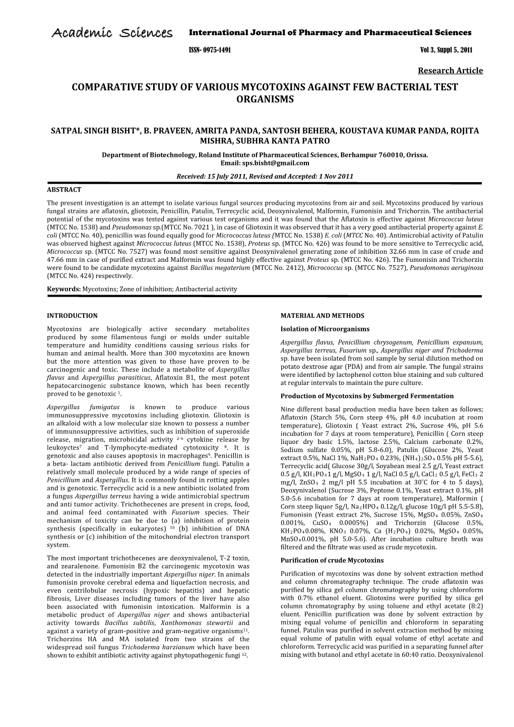 Academic Sciences ISSN- 0975-1491 Vol 3, Suppl 5, 2011