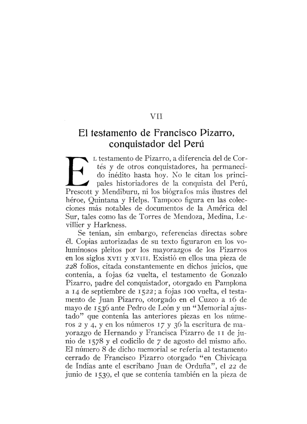 El Testamento De Francisco Pizarro, Conquistador Del Perú / Raúl Porras