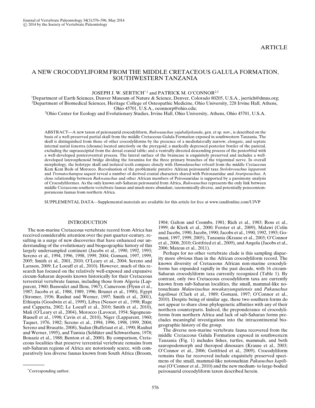 Article a New Crocodyliform from the Middle Cretaceous Galula Formation