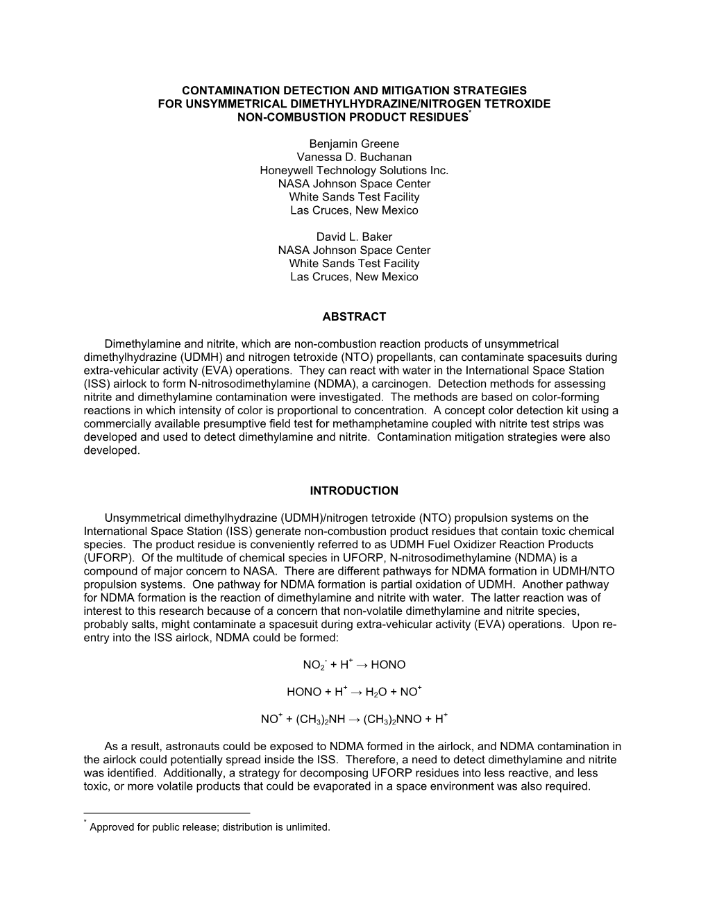 Contamination Detection and Mitigation Strategies for Unsymmetrical Dimethylhydrazine/Nitrogen Tetroxide Non-Combustion Product Residues*