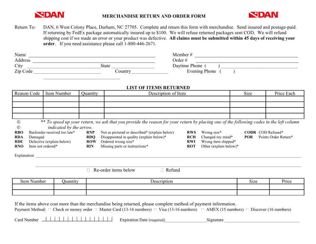 Merchandise Return and Order Form