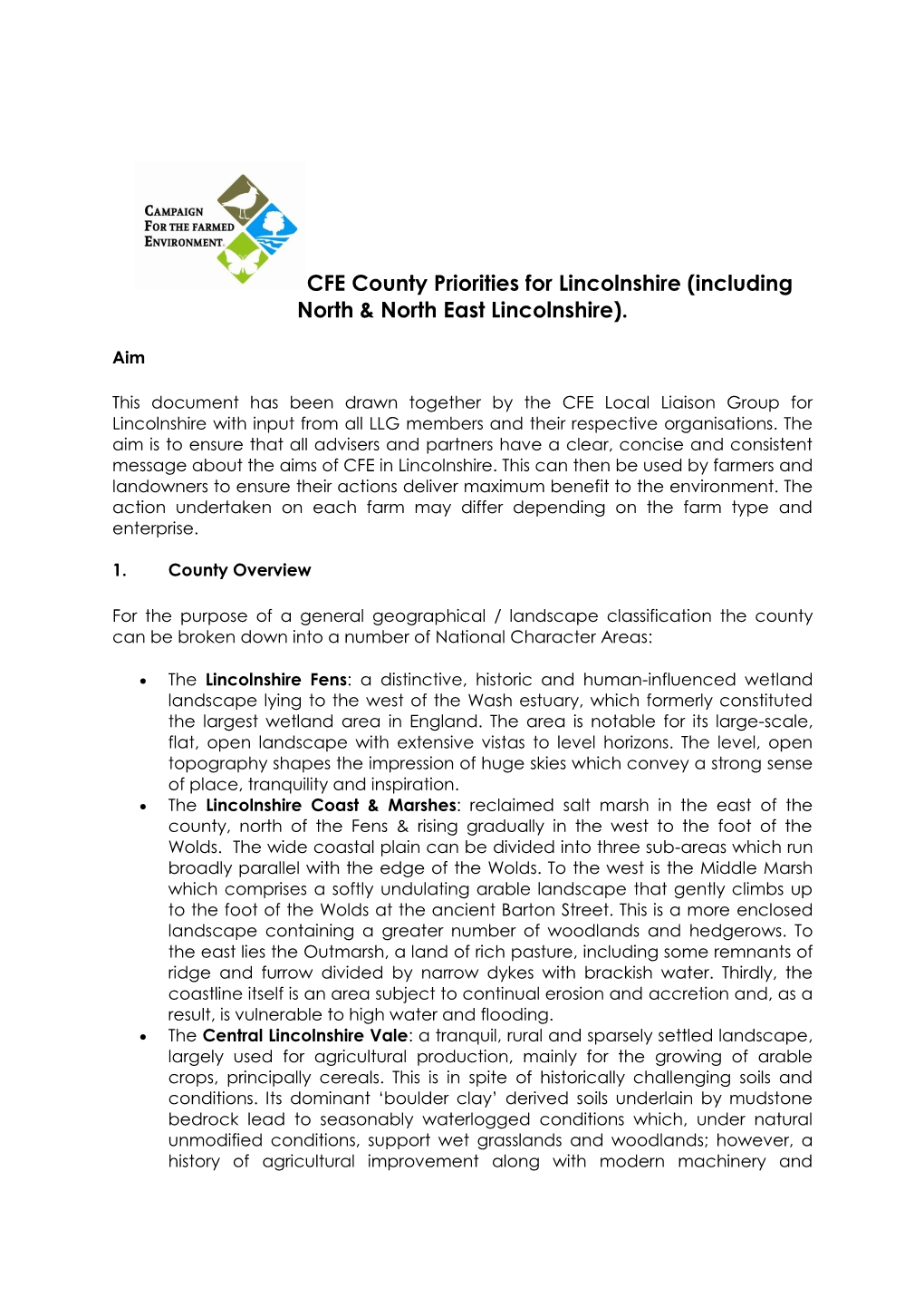 CFE County Priorities for Lincolnshire (Including North & North East Lincolnshire)