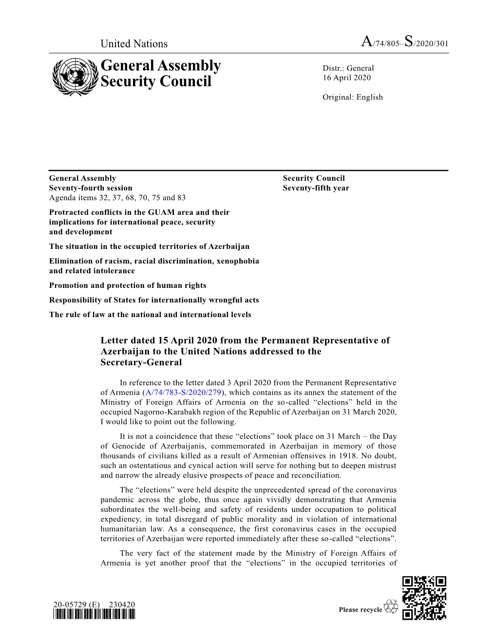 Letter Dated 15 April 2020 from the Permanent Representative of Azerbaijan to the United Nations Addressed to the Secretary-General