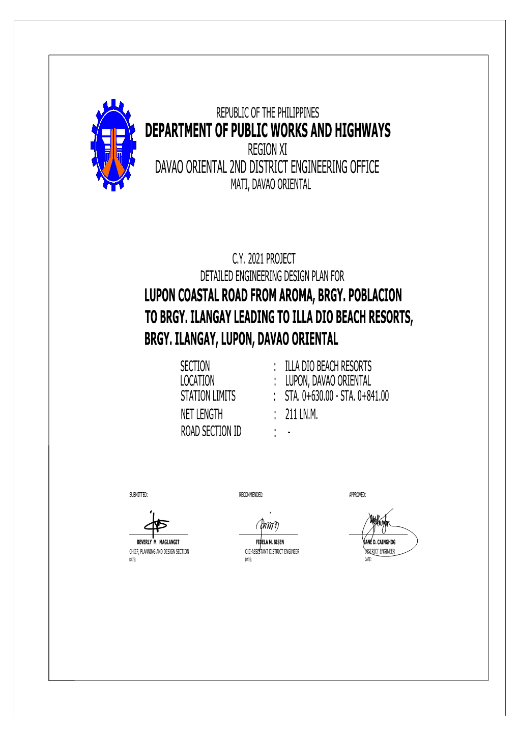 Department of Public Works and Highways Region Xi Davao Oriental 2Nd District Engineering Office Mati, Davao Oriental