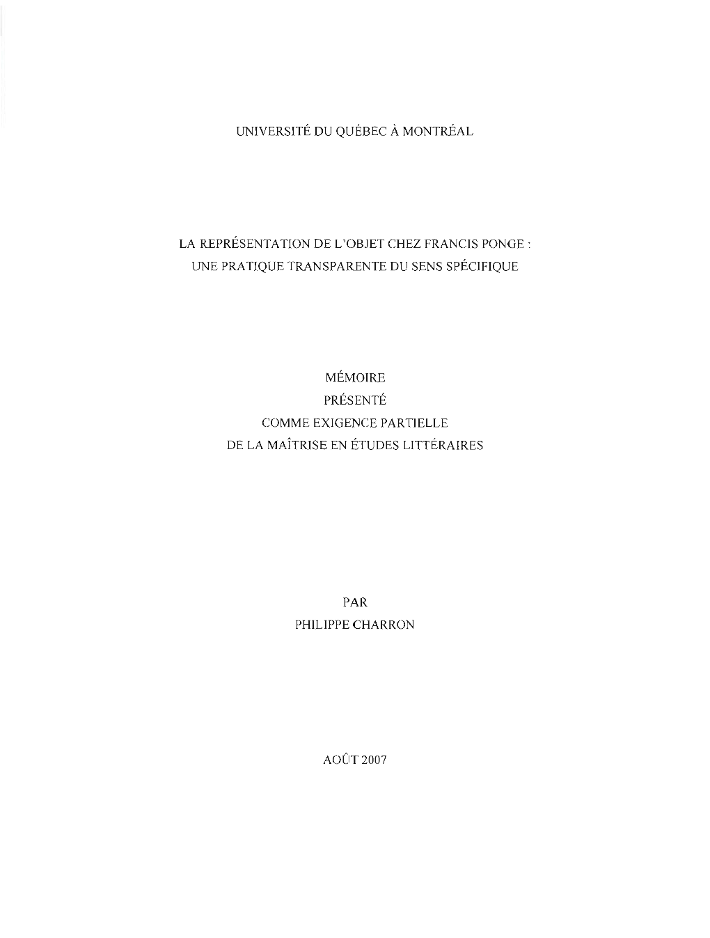 La Représentation De L'objet Chez Francis Ponge: Une Pratique Transparente Du Sens Spécifique