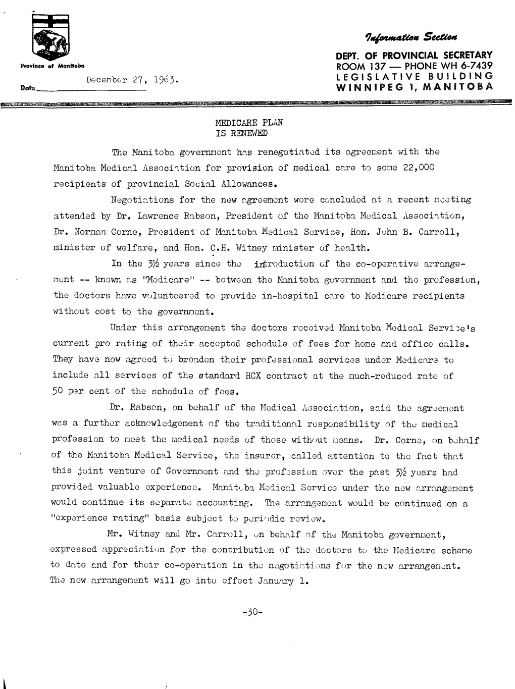 December 27, 1963. MEDICARE PLAN IS RENEWED the Manitoba