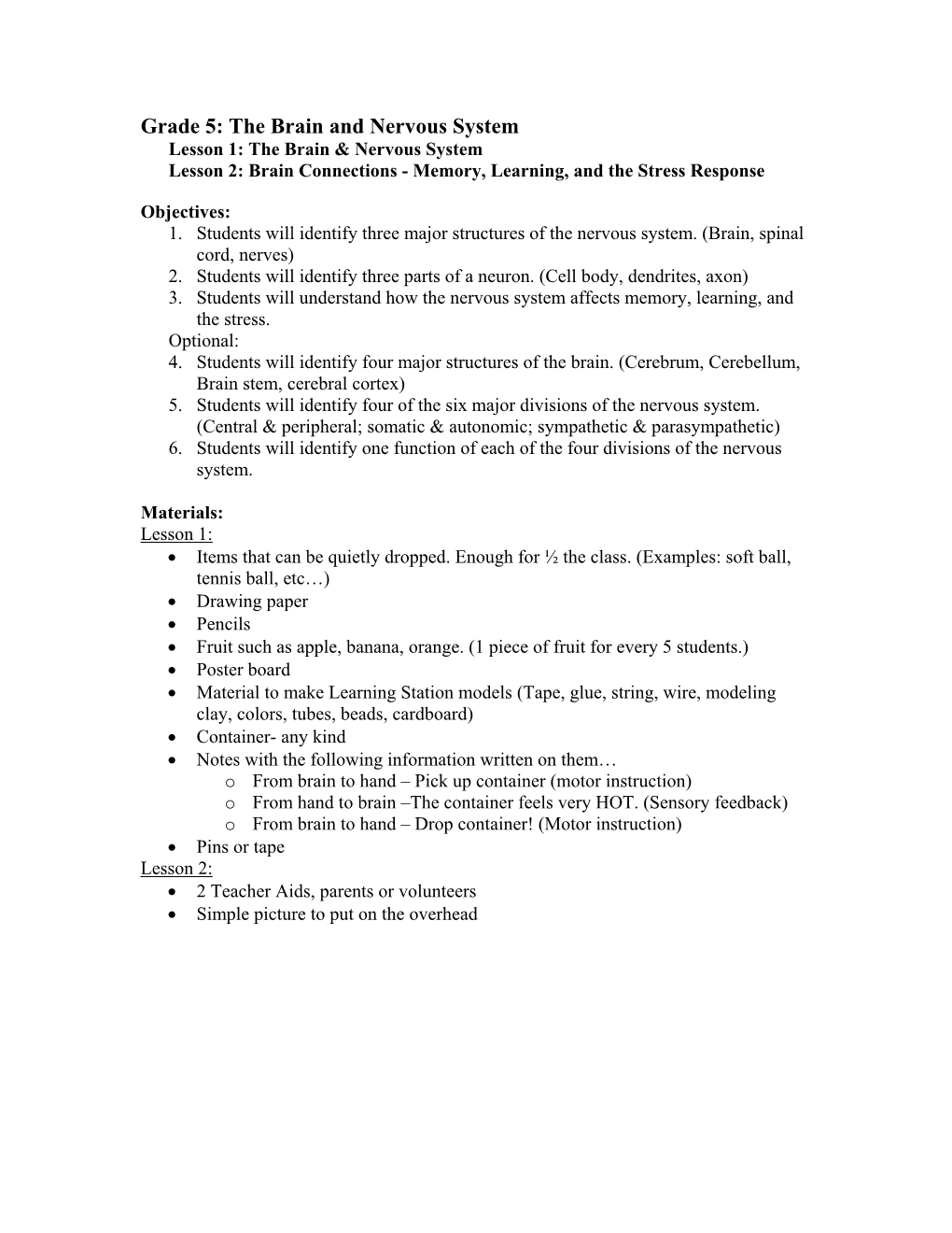 Grade 5: the Brain and Nervous System Lesson 1: the Brain & Nervous System Lesson 2: Brain Connections - Memory, Learning, and the Stress Response