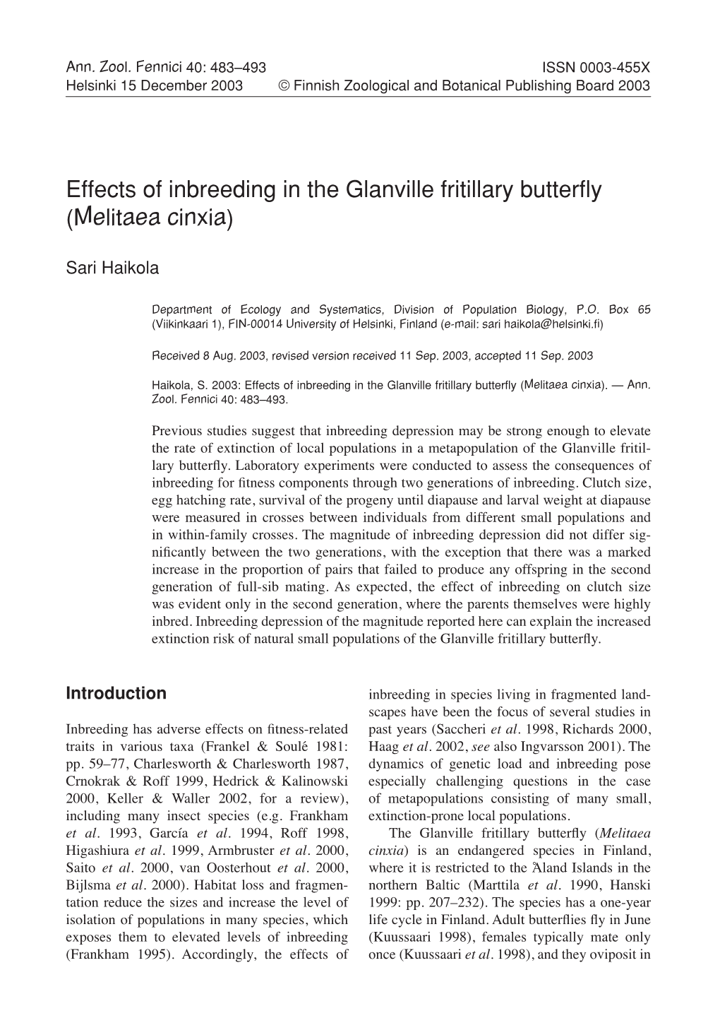Effects of Inbreeding in the Glanville Fritillary Butterfly (Melitaea Cinxia)