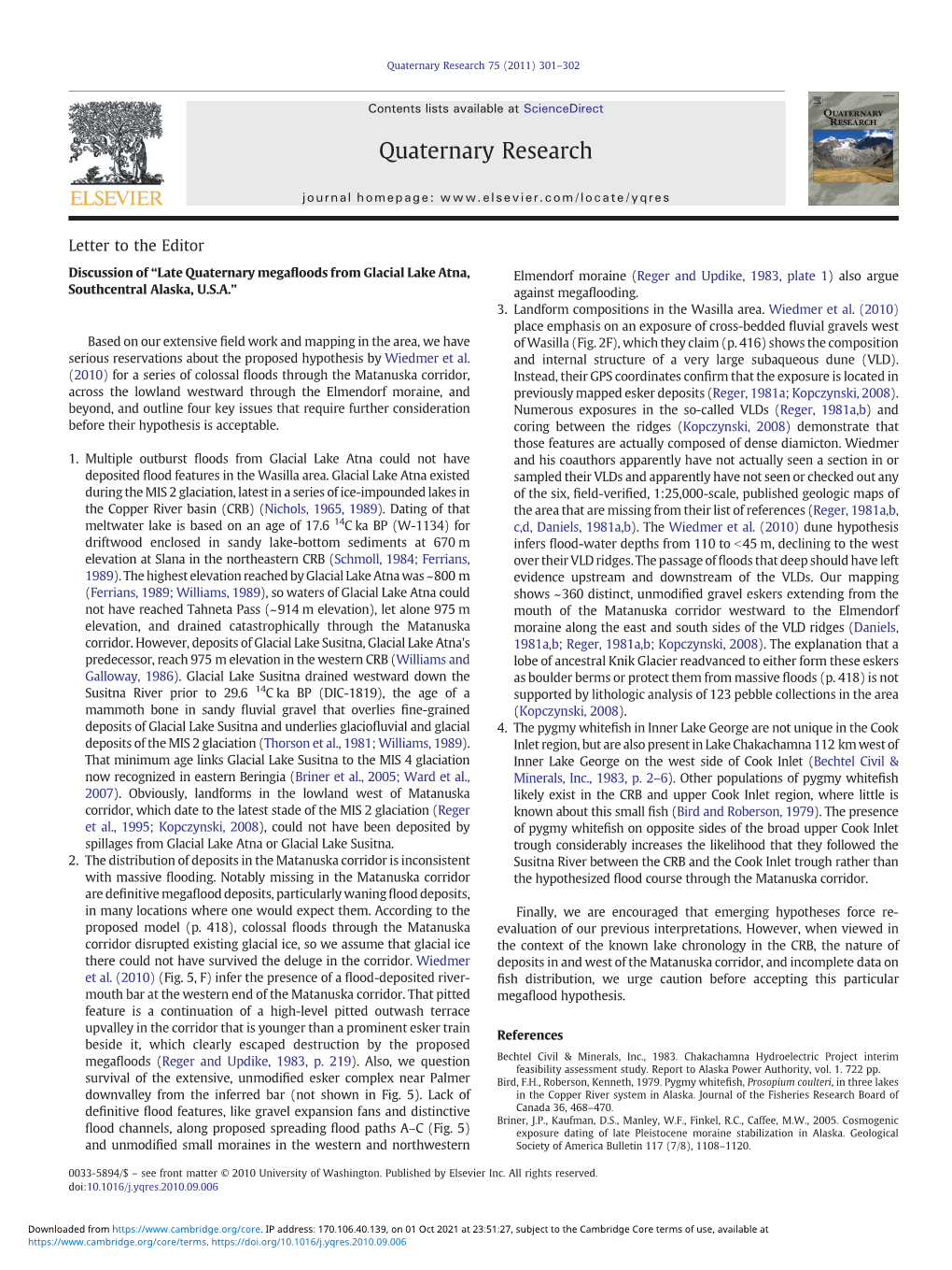 Late Quaternary Megafloods from Glacial Lake Atna, Southcentral