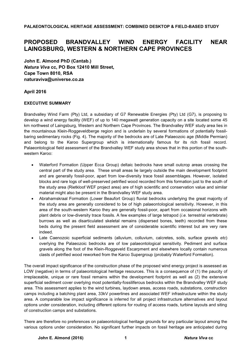 Palaeontological Impact Assessment (PIA) (Their Letter of 25 February 2016, Case ID: 9103)