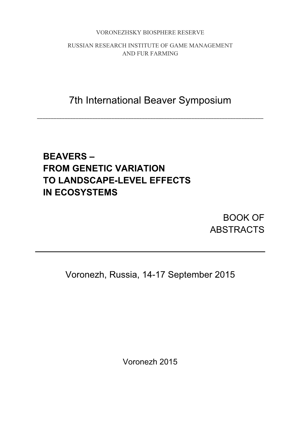 7Th International Beaver Symposium