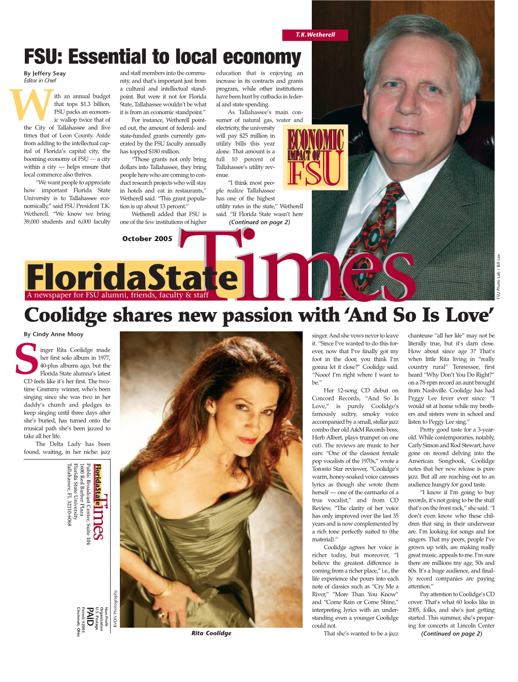 October 2005 X a L L L I B / B a L O T O H P U S F Coolidge Shares New Passion with ‘And So Is Love’ by Cindy Anne Mooy Singer