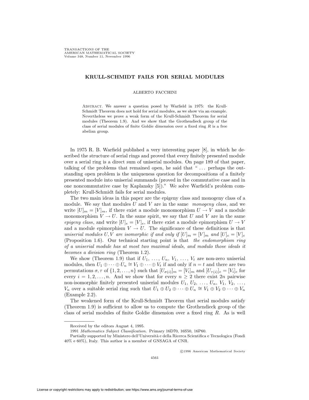 KRULL-SCHMIDT FAILS for SERIAL MODULES in 1975 R. B. Warfield