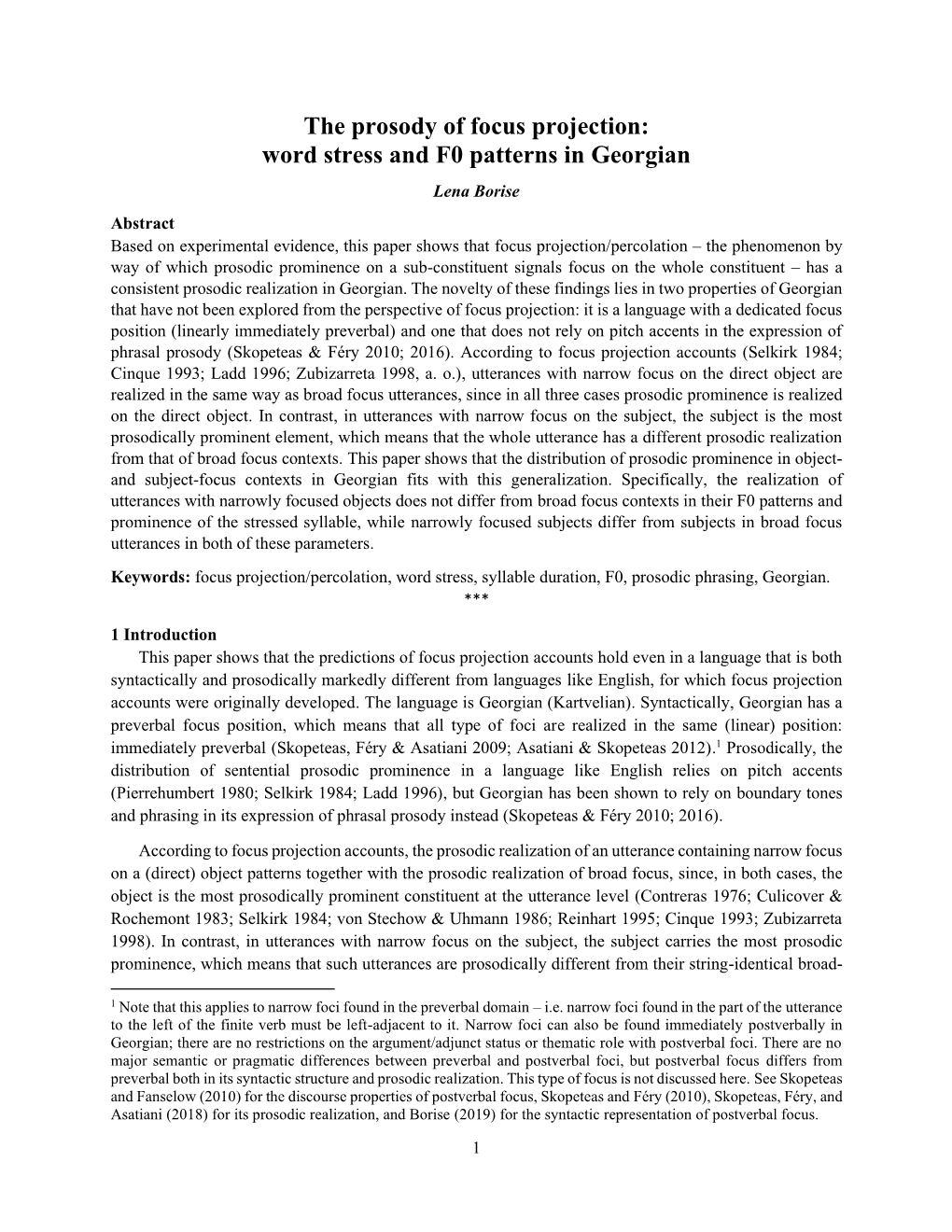 The Prosody of Focus Projection: Word Stress and F0 Patterns in Georgian