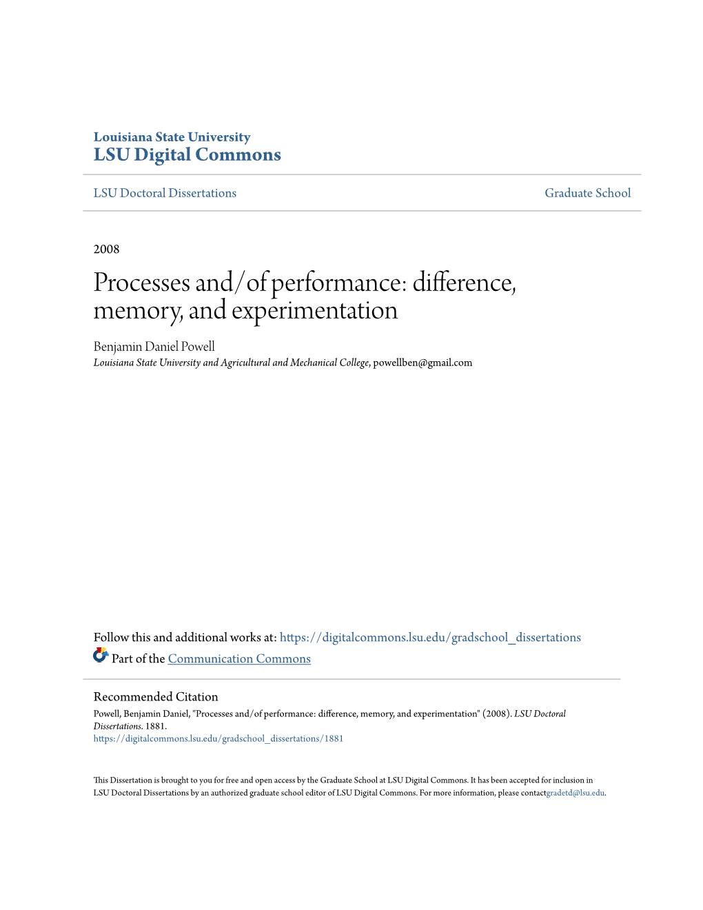 Processes And/Of Performance: Difference, Memory, and Experimentation