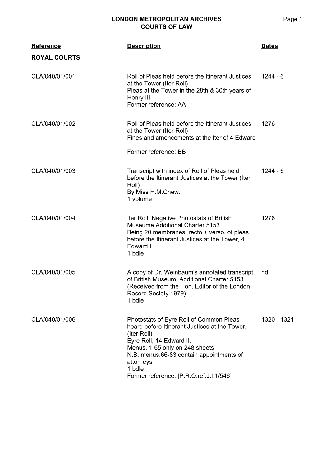 London Metropolitan Archives Courts of Law Cla